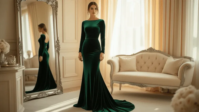 Winter Wedding Guest Dresses: Your Ultimate Style Floor-length emerald green velvet gown in a luxurious cream-colored fitting room, featuring long sleeves and a subtle train, with warm light filtering through sheer curtains, a plush cream settee, and delicate accessories reflecting in an ornate silver-framed mirror.