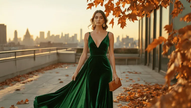 Fall Wedding Guest Dresses: Your Ultimate Style Guide for Autumn Celebrations Model in an emerald green velvet dress on a sunlit rooftop terrace, accessorized with vintage gold earrings and a bronze clutch, surrounded by autumn leaves and a warm city skyline at golden hour.