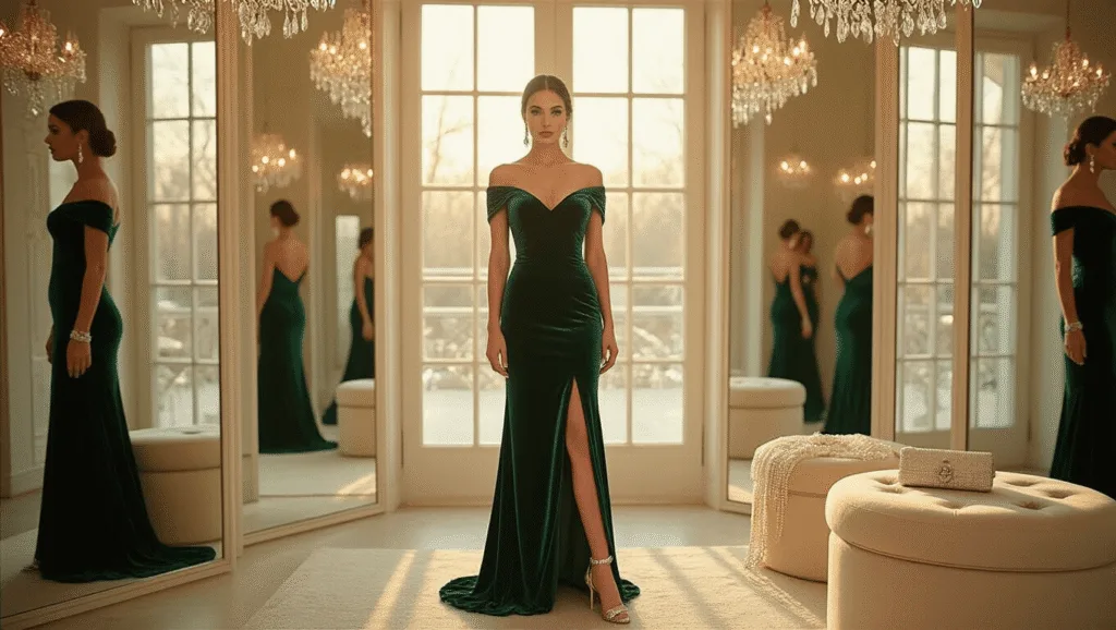 The Ultimate Formal Winter Wedding Guest Dresses: Stay Warm & Chic in Style A sophisticated woman in an emerald green velvet gown poses in a luxury boutique dressing room, illuminated by warm golden light, with crystal chandeliers and surrounding mirrors reflecting her elegant style and winter wedding accessories.