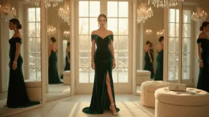 The Ultimate Formal Winter Wedding Guest Dresses: Stay Warm & Chic in Style A sophisticated woman in an emerald green velvet gown poses in a luxury boutique dressing room, illuminated by warm golden light, with crystal chandeliers and surrounding mirrors reflecting her elegant style and winter wedding accessories.