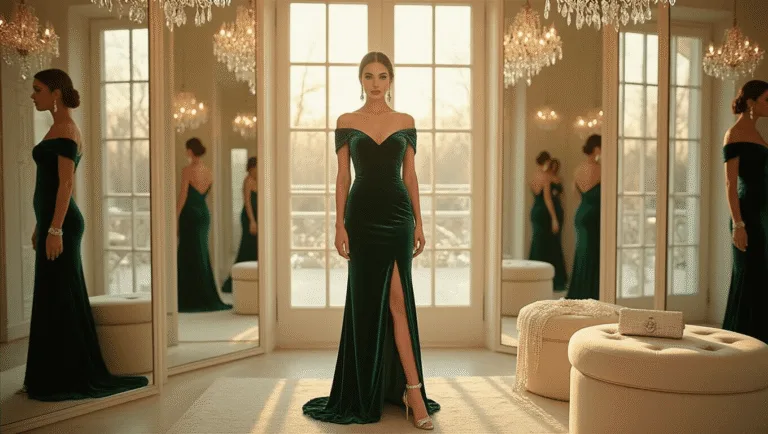 The Ultimate Formal Winter Wedding Guest Dresses: Stay Warm & Chic in Style A sophisticated woman in an emerald green velvet gown poses in a luxury boutique dressing room, illuminated by warm golden light, with crystal chandeliers and surrounding mirrors reflecting her elegant style and winter wedding accessories.