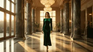 Long Sleeve Winter Wedding Guest Dresses: Your Complete Style Guide for 2024 A woman in an emerald velvet midi dress stands in an opulent hotel lobby, bathed in warm golden light from tall windows, surrounded by sparkling chandeliers and ornate marble columns.