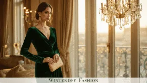 Winter Wedding Guest Outfits: A Style Guide for Looking Fabulous (While Staying Warm!) Model in emerald velvet gown by large windows in hotel suite, wearing gold earrings, holding gold clutch, warm golden light creating dreamy bokeh.