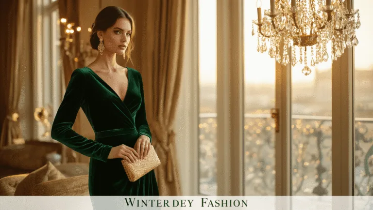 Winter Wedding Guest Outfits: A Style Guide for Looking Fabulous (While Staying Warm!) Model in emerald velvet gown by large windows in hotel suite, wearing gold earrings, holding gold clutch, warm golden light creating dreamy bokeh.