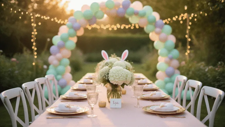 Some Bunny's Throwing the Cutest Birthday Party Ever! A wide-angle shot of an enchanted garden party at golden hour, featuring a long farmhouse table adorned with blush pink linen and white floral centerpieces, surrounded by pastel balloon arches, bunny-ear slipcovers, and warm fairy lights, all set against a backdrop of climbing roses and ivy.