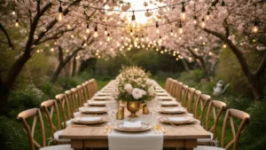 Garden Birthday Party: Your Ultimate Guide to Creating a Magical Outdoor Celebration Cinematic wide-angle shot of an enchanted garden birthday party during golden hour, featuring a long farmhouse table beneath cherry blossom trees, adorned with vintage china, crystal glassware, warm string lights, and wildflower centerpieces, with a rustic dessert cart and a floral-covered photo backdrop.