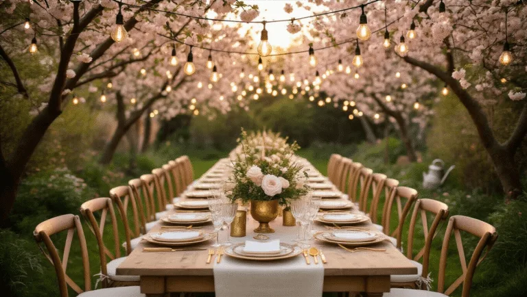Garden Birthday Party: Your Ultimate Guide to Creating a Magical Outdoor Celebration Cinematic wide-angle shot of an enchanted garden birthday party during golden hour, featuring a long farmhouse table beneath cherry blossom trees, adorned with vintage china, crystal glassware, warm string lights, and wildflower centerpieces, with a rustic dessert cart and a floral-covered photo backdrop.