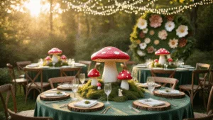 Magical Mushroom Birthday Party: Your Ultimate Guide to Woodland Whimsy A dreamy garden party setup featuring round tables with moss-green velvet linens, oversized red and white spotted toadstools, and whimsical woodland decorations, all illuminated by string lights during golden hour.