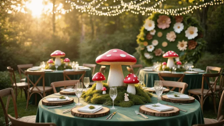 Magical Mushroom Birthday Party: Your Ultimate Guide to Woodland Whimsy A dreamy garden party setup featuring round tables with moss-green velvet linens, oversized red and white spotted toadstools, and whimsical woodland decorations, all illuminated by string lights during golden hour.