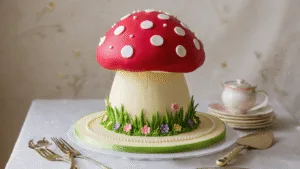 FAIRY BIRTHDAY CAKE: MAGICAL WHIMSY ON A PLATE A whimsical toadstool-shaped birthday cake with a smooth red fondant cap and white polka dots, adorned with green fondant grass, pastel flowers, delicate fairy figurines, and a trail of edible glitter, all set against a softly blurred pastel background.
