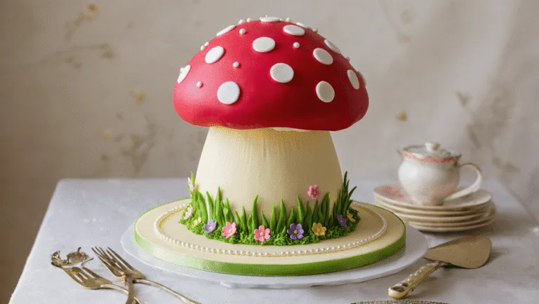 FAIRY BIRTHDAY CAKE: MAGICAL WHIMSY ON A PLATE A whimsical toadstool-shaped birthday cake with a smooth red fondant cap and white polka dots, adorned with green fondant grass, pastel flowers, delicate fairy figurines, and a trail of edible glitter, all set against a softly blurred pastel background.