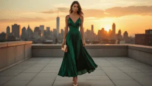 Fall Wedding Guest Style: Your Ultimate Guide to Cocktail Dress Shopping Model in an emerald green satin midi dress with pleating, standing on an urban rooftop during golden hour, styled with gold jewelry, nude pumps, and a leather clutch, with a city skyline and dramatic evening sky in the background.