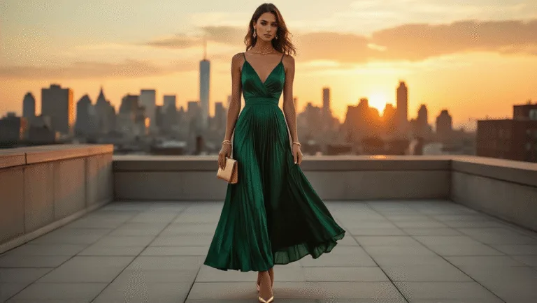 Fall Wedding Guest Style: Your Ultimate Guide to Cocktail Dress Shopping Model in an emerald green satin midi dress with pleating, standing on an urban rooftop during golden hour, styled with gold jewelry, nude pumps, and a leather clutch, with a city skyline and dramatic evening sky in the background.