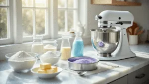 ELSA BIRTHDAY CAKE: THE ULTIMATE FROZEN-INSPIRED DESSERT MASTERPIECE Photorealistic kitchen setup with a white marble countertop featuring organized ingredients for a Frozen-themed cake, including measured components in glass bowls, cake pans, a KitchenAid mixer, food colorings, fondant tools, and edible decorations, all illuminated by natural light.