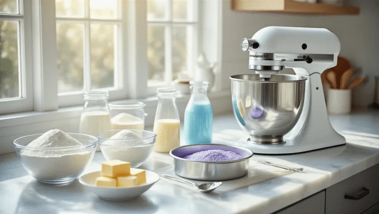 ELSA BIRTHDAY CAKE: THE ULTIMATE FROZEN-INSPIRED DESSERT MASTERPIECE Photorealistic kitchen setup with a white marble countertop featuring organized ingredients for a Frozen-themed cake, including measured components in glass bowls, cake pans, a KitchenAid mixer, food colorings, fondant tools, and edible decorations, all illuminated by natural light.