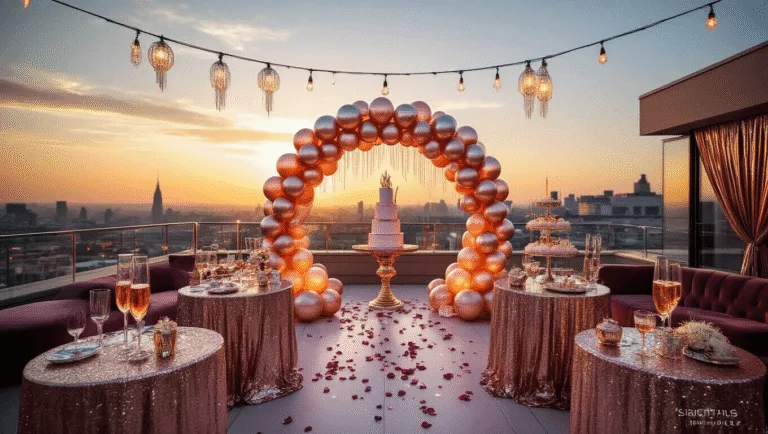 Throw the Most Dazzling Glitter Birthday Party: A Complete Guide to Sparkle and Shine A luxurious rooftop birthday party setup at golden hour featuring sequin-draped tables, a massive balloon arch, fairy lights, crystal chandeliers, a glitter-dusted cake, champagne tower, and velvet seating with an illuminated cityscape backdrop.