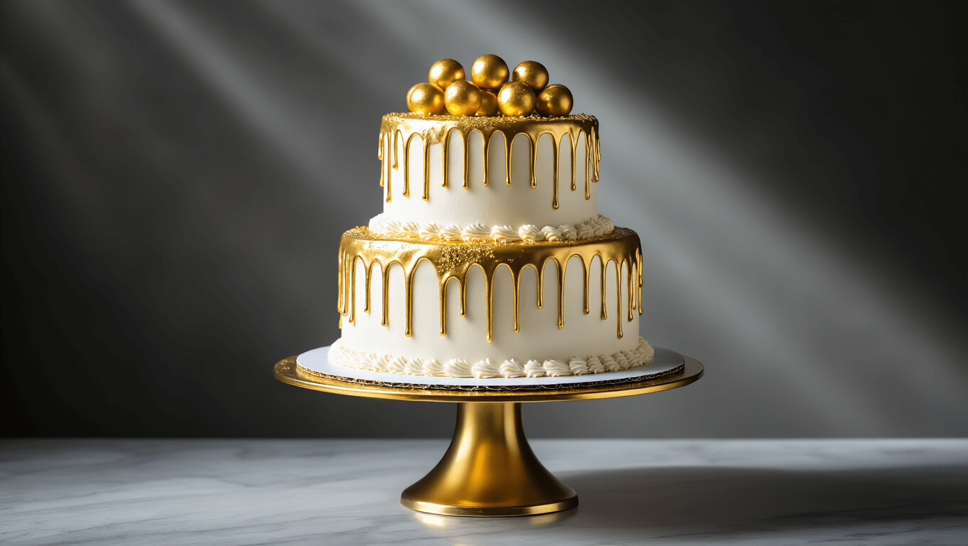 Photorealistic three-tiered white birthday cake on a gold stand, featuring metallic gold drips and a crown of gold gumballs, set against a dark charcoal background with dramatic lighting.