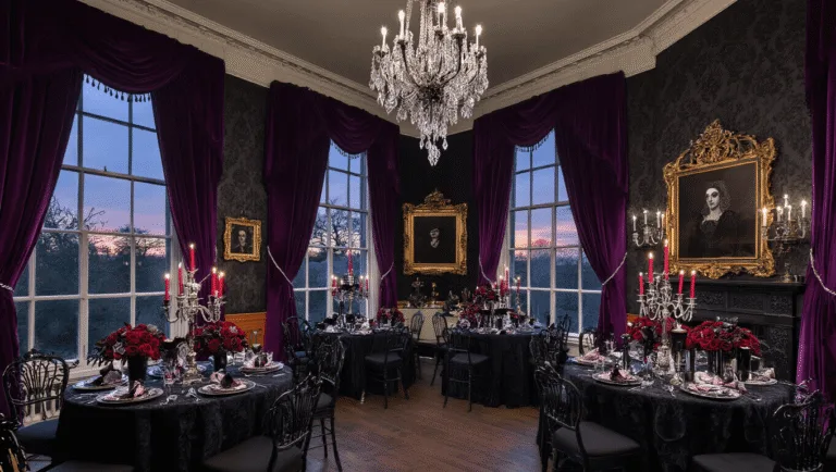 Spooky Spectacular: The Ultimate Halloween Birthday Party Guide A luxurious Victorian parlor decorated for an upscale Halloween birthday party, featuring deep purple velvet drapes, black crystal chandeliers, and elegantly arranged tables with candelabras and flowers, highlighted by moody lighting and vintage portraits.