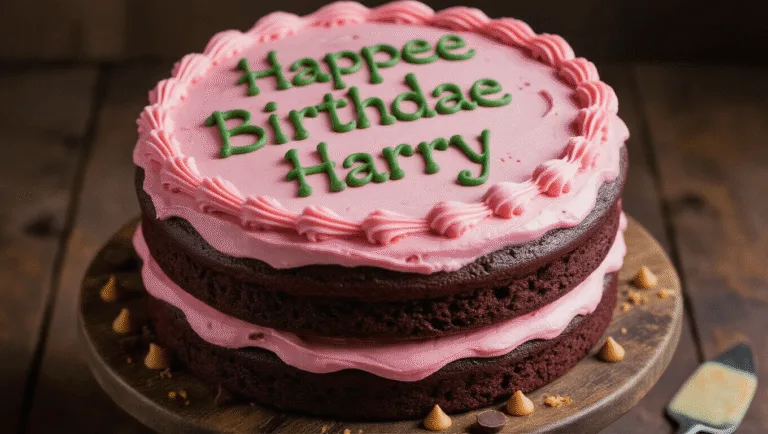 Hagrid's "Happee Birthdae Harry" Chocolate Cake: A Magical Birthday Treat A rustic two-layer chocolate birthday cake with uneven pink buttercream frosting, decorated with wobbly green piped text saying "Happee Birthdae Harry," set on a distressed wooden cake stand with scattered butterscotch chips and chocolate crumbs. Soft magical lighting creates a moody atmosphere, with out-of-focus copper mixing bowls in the background.