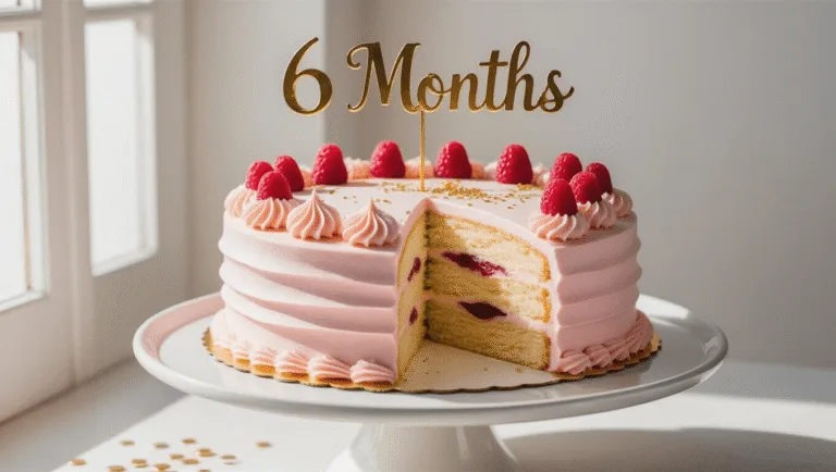 HALF BIRTHDAY CAKE: CELEBRATING 6 MONTHS OF SWEETNESS Elegant half-moon shaped celebration cake with pastel pink buttercream frosting, white rosettes, fresh raspberries, and a gold "6 months" topper on a matte white ceramic stand, captured in soft natural light with a blurred dessert table background.