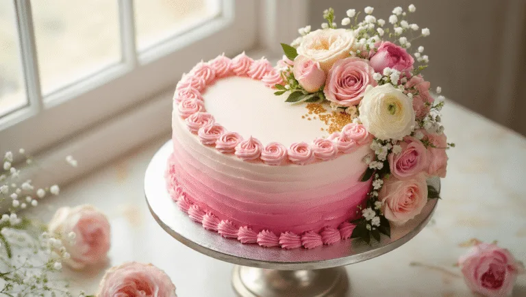 HEART CAKE FOR BIRTHDAY: A DELIGHTFUL CELEBRATION CENTERPIECE Photorealistic overhead view of an elegant heart-shaped birthday cake with pink ombré buttercream, adorned with Swiss meringue rosettes and fresh florals, displayed on a silver pedestal against a cream marble background.