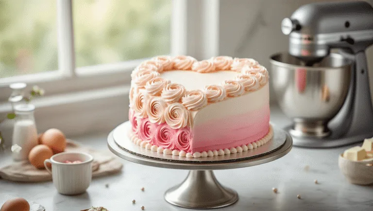 Heart-Shaped Birthday Cake: A Delightful Homemade Masterpiece Photorealistic heart-shaped cake with pink ombré buttercream and white rosettes on a silver stand, set against a soft-focus marble background, featuring fresh sugar flowers and a warm, inviting atmosphere.