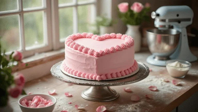 Heart-Shaped Birthday Cake: The Ultimate Celebration Centerpiece Photorealistic close-up of a heart-shaped pink birthday cake on an antique silver stand, surrounded by fresh rose petals in a rustic kitchen workspace with natural light, featuring a thoughtfully arranged mise en place and a marble countertop dusted with flour.