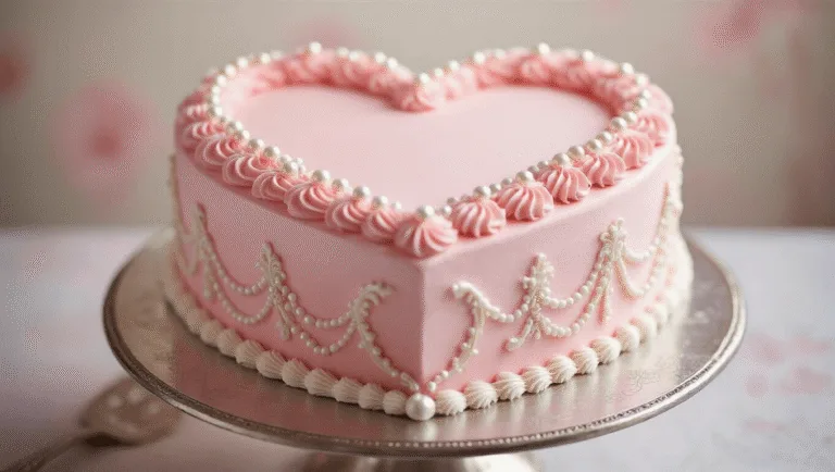 Ultimate Heart Cake: The Perfect Birthday Showstopper Elegant heart-shaped cake with pink ombré buttercream, intricate white royal icing piping, silver dragées, and sugar pearls, displayed on a vintage silver cake stand, captured in soft natural lighting with a blurred pastel background.