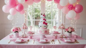 Hello Kitty Birthday Party: The Ultimate Cute and Playful Celebration Guide A beautifully arranged Hello Kitty-themed birthday party setup featuring a white table with a pink tablecloth, adorned with Hello Kitty plates, rose gold cutlery, a tiered cake, and balloon clusters, all captured in soft natural light with a dreamy bokeh effect.