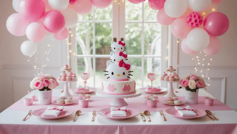 Hello Kitty Birthday Party: The Ultimate Cute and Playful Celebration Guide A beautifully arranged Hello Kitty-themed birthday party setup featuring a white table with a pink tablecloth, adorned with Hello Kitty plates, rose gold cutlery, a tiered cake, and balloon clusters, all captured in soft natural light with a dreamy bokeh effect.