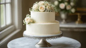 Small Wedding Cake: The Perfect Intimate Celebration Dessert A pristine two-tier white wedding cake on an antique silver stand, elegantly decorated with vanilla buttercream, pearl piping, and fresh garden roses, photographed with soft natural lighting on a marble surface with blurred vintage background and scattered rose petals.