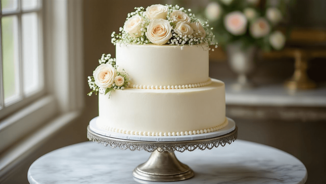 A pristine two-tier white wedding cake on an antique silver stand, elegantly decorated with vanilla buttercream, pearl piping, and fresh garden roses, photographed with soft natural lighting on a marble surface with blurred vintage background and scattered rose petals.