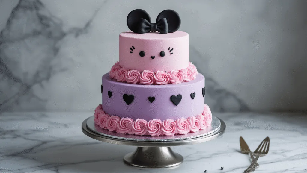 KUROMI BIRTHDAY CAKE: SANRIO-INSPIRED CELEBRATION DELIGHT A luxurious three-tiered Kuromi-themed birthday cake adorned with lavender Swiss meringue buttercream, pink rosette borders, fondant Kuromi ears and bow, and scattered silver pearls on a silver cake stand against a gray marble backdrop.