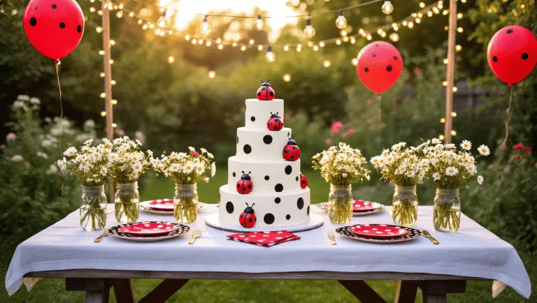 Ladybug Birthday Party: A Whimsical Celebration of Cuteness and Color A whimsical ladybug-themed garden party featuring a rustic picnic table dressed in red and black polka dot decor, with mason jars of flowers, a stunning three-tiered cake, fairy lights, and playful ladybug decorations, all illuminated by warm golden hour sunlight.