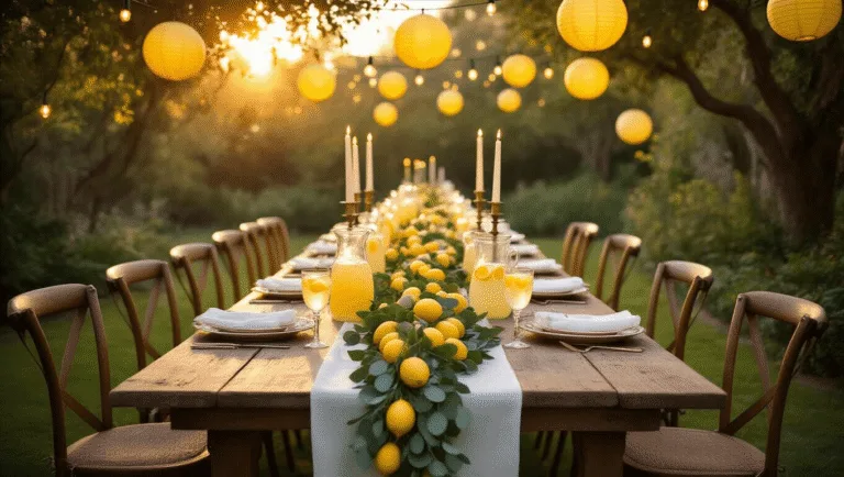 Squeeze the Day: The Ultimate Lemon Birthday Party Guide A beautifully styled garden party scene at twilight, featuring a rustic wooden table adorned with lemons, eucalyptus garlands, vintage candelabras, and sparkling lemonade, complemented by warm cafe lights and pastel decorations.