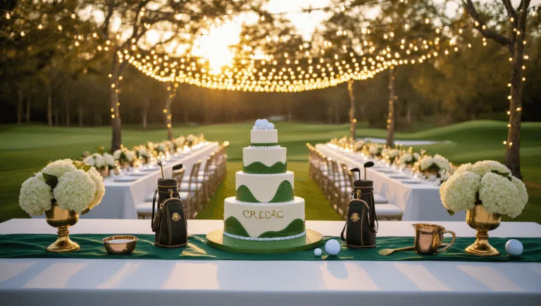 Golf Birthday Party: The Ultimate Styling and Photography Guide A hyperrealistic photograph of an elegant outdoor golf-themed birthday celebration during golden hour, featuring banquet tables with white linens and green silk runners, antique trophy centerpieces, fairy lights overhead, a custom golf bag-shaped cocktail bar, and a stunning 3-tiered cake designed as a miniature golf course, captured with soft bokeh and professional lighting.