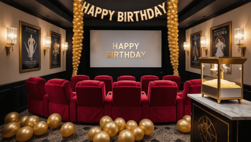 Lights, Camera, Celebration! Your Ultimate Movie Birthday Party Guide A luxurious home theater birthday party setup featuring red velvet recliners, a large projector screen, golden ambient lighting, a popcorn machine, art deco posters, a metallic gold "Happy Birthday" banner, golden balloon garlands, star-shaped confetti, and a film reel-shaped birthday cake on a rotating stand.