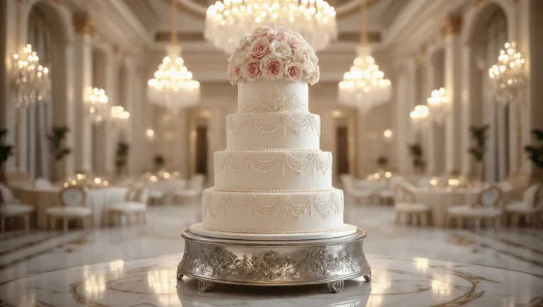 Luxury Wedding Cake: The Ultimate Culinary Masterpiece A photorealistic, 6-tier luxury wedding cake adorned with intricate lace patterns, cascading sugar flowers, and gold leaf accents, displayed in an elegant ballroom under crystal chandeliers, reflecting on a polished marble floor.