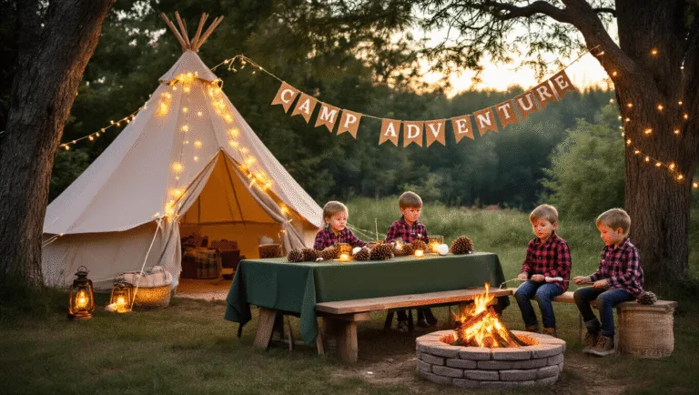 CAMPING BIRTHDAY PARTY: THE ULTIMATE OUTDOOR CELEBRATION GUIDE A magical twilight backyard camping party scene featuring a rustic wooden table with pinecone centerpieces, a canvas tent adorned with fairy lights, children roasting marshmallows around a stone fire pit, and twinkling string lights overhead, all bathed in warm golden hour lighting.