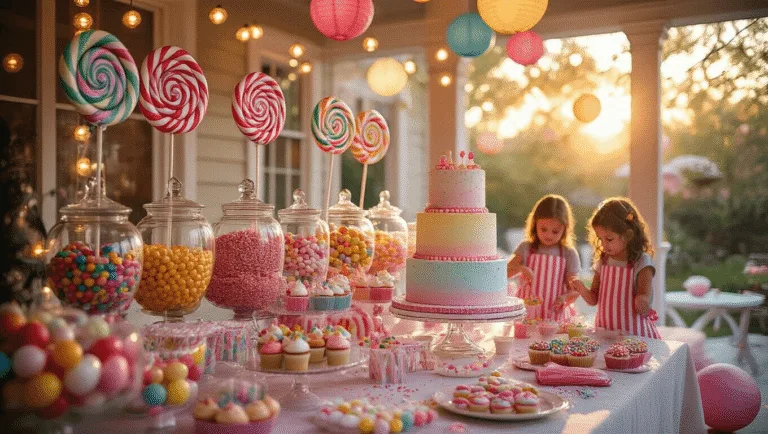 Candy Birthday Party: A Sweet Celebration Guide Photorealistic candy-themed birthday party setup featuring a grand buffet table with colorful candies, a towering pastel cake, children decorating treats, string lights, and a vibrant photo booth, all captured in warm golden hour lighting.