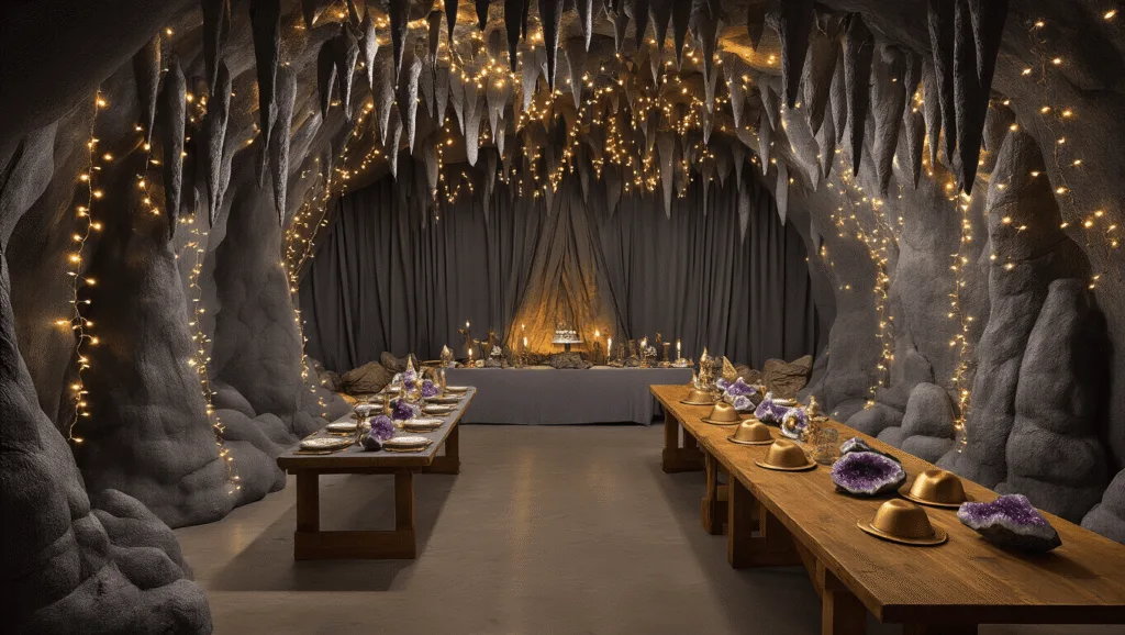 Cave Birthday Party: A Complete Guide to Creating an Epic Underground Adventure A transformed living room into a magical cave setting, featuring dramatic amber lighting, fairy lights, cardboard stalactites and stalagmites, a banquet table with stone-textured linens and amethyst geodes, bat decorations, and a dessert cart with a towering chocolate rock cake.
