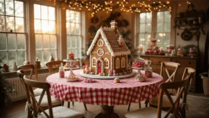 Magical Gingerbread Birthday Party: The Ultimate Styling and Photography Guide A whimsical gingerbread-themed birthday party setup in a cozy living room, featuring a grand circular table with a Victorian-style gingerbread house, colorful candies, and vintage decor, illuminated by warm fairy lights during golden hour.