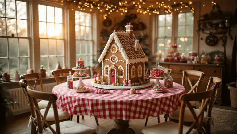 Magical Gingerbread Birthday Party: The Ultimate Styling and Photography Guide A whimsical gingerbread-themed birthday party setup in a cozy living room, featuring a grand circular table with a Victorian-style gingerbread house, colorful candies, and vintage decor, illuminated by warm fairy lights during golden hour.