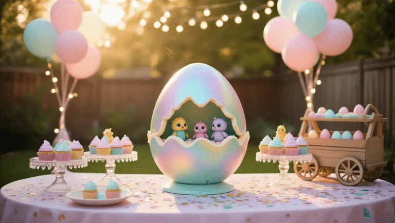 Magical Hatchimals Birthday Party: The Ultimate Guide to Creating an Egg-citing Celebration! A whimsical backyard birthday party scene featuring a pastel tablescape with speckled egg patterns, an egg-shaped cake with iridescent frosting, pastel cupcakes on crystal stands, and sparkly confetti, all under a canopy of string lights during golden hour.