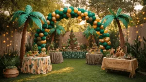 Unleash the Wild: How to Create the Ultimate Jungle Birthday Party That Kids Will Love A photorealistic backyard birthday party scene transforms into a magical jungle, featuring DIY palm trees, a grand balloon arch, vine garlands with fairy lights, round tables with safari animal centerpieces, a treasure map station, and children engaged in craft activities, all illuminated by warm golden hour sunlight.