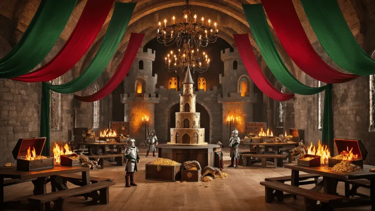 How to Host an Epic Dragon Birthday Party: A Complete Guide for Fantasy-Loving Kids A grand medieval ballroom decorated for a dragon-themed birthday party, featuring emerald green and crimson banners, rustic feast tables with flame centerpieces, a castle turret cake, and children in knight costumes playing amidst the festive atmosphere.