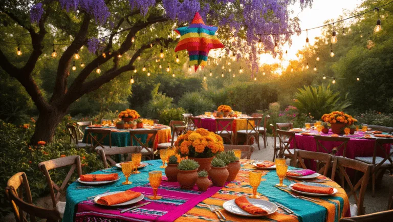 How to Throw an Epic Mexican Fiesta Birthday Party: A Vibrant Celebration Guide A vibrant Mexican fiesta scene in a lush garden at sunset, featuring round tables with colorful serape runners, handcrafted paper flowers, and terracotta pots. Overhead, papel picado banners and warm Edison bulbs create a festive atmosphere, while a rainbow star-shaped piñata hangs from a jacaranda tree. A rustic bar showcases tequila and lemon, with lanterns casting a warm glow, all enveloped in a soft, golden light.