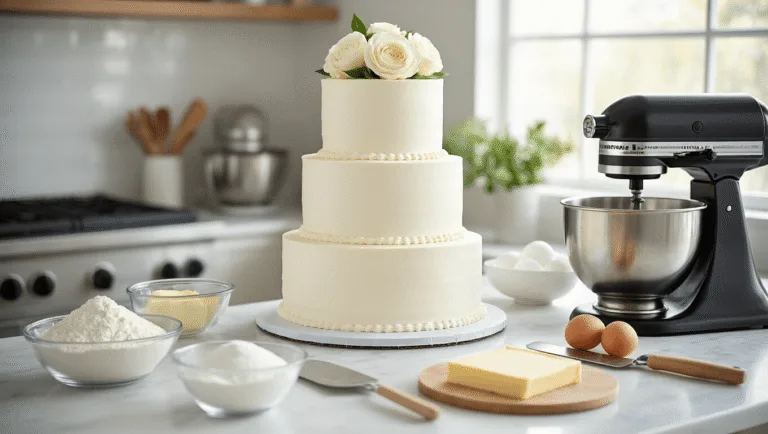 Minimalist Wedding Cake: Elegant Simplicity for Your Special Day A bright professional kitchen with a pristine marble countertop, featuring a three-tier white wedding cake with sharp edges and smooth buttercream finish, surrounded by organized ingredients in glass bowls and essential baking tools, illuminated by natural light.