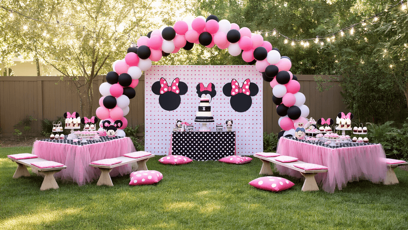 A whimsical backyard birthday party setup featuring a pink, black, and white polka dot balloon arch, picnic tables with pink tulle tablecloths, cushions, a DIY photo booth with Minnie ears, fairy lights, and a dessert table with a tiered cake, Mickey-shaped macarons, and bow-topped cupcakes.