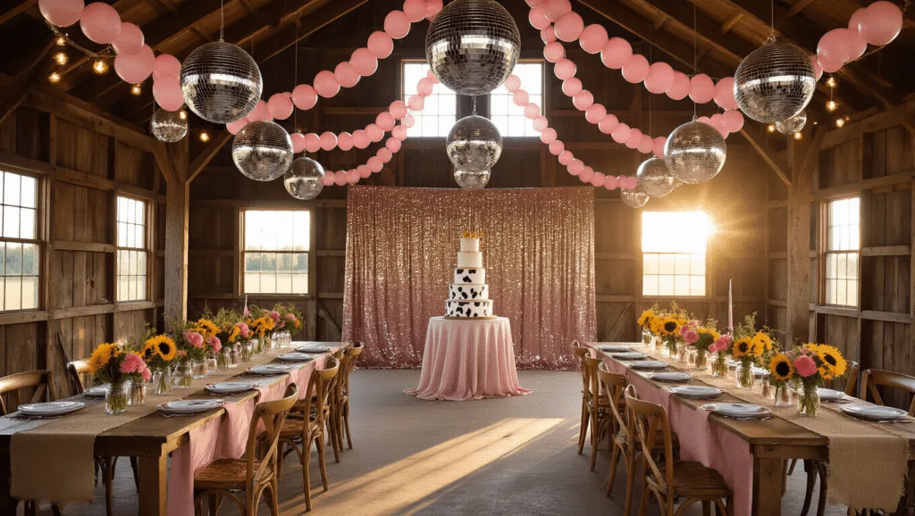 Yeehaw Chic: The Ultimate Guide to a Cowgirl Birthday Party That'll Make Everyone Say "Wow!" A glamorous cowgirl disco-themed barn interior with disco balls, pink balloon garlands, farmhouse tables dressed in blush pink linens, mason jar centerpieces, string lights, a tiered cake with cowboy boots, and Western decorations, all illuminated by warm golden hour light.